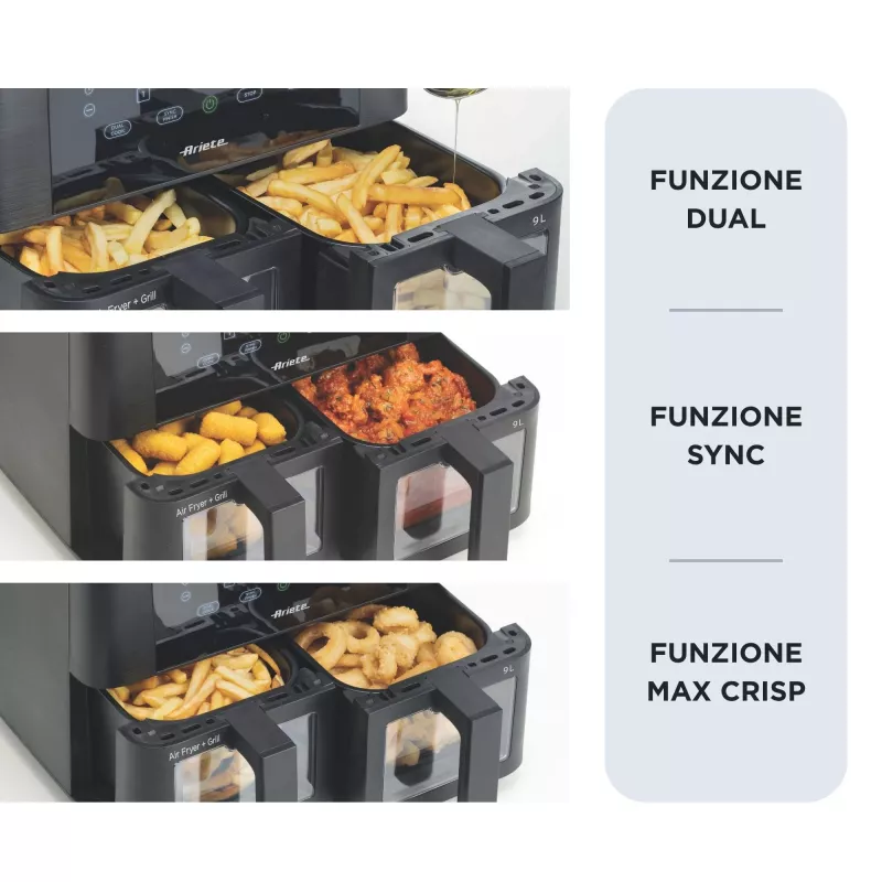 Ariete 4631 Podwójna frytownica powietrzna 9L, 2400W, Całkowita pojemność 9L, 11 programów, Wielofunkcyjna, Do 3,6 kg smażonego jedzenia Temperatura do 200°C, Podwójny kosz, Czarny