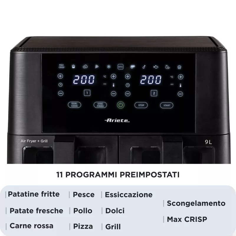 Ariete 4631 Podwójna frytownica powietrzna 9L, 2400W, Całkowita pojemność 9L, 11 programów, Wielofunkcyjna, Do 3,6 kg smażonego jedzenia Temperatura do 200°C, Podwójny kosz, Czarny