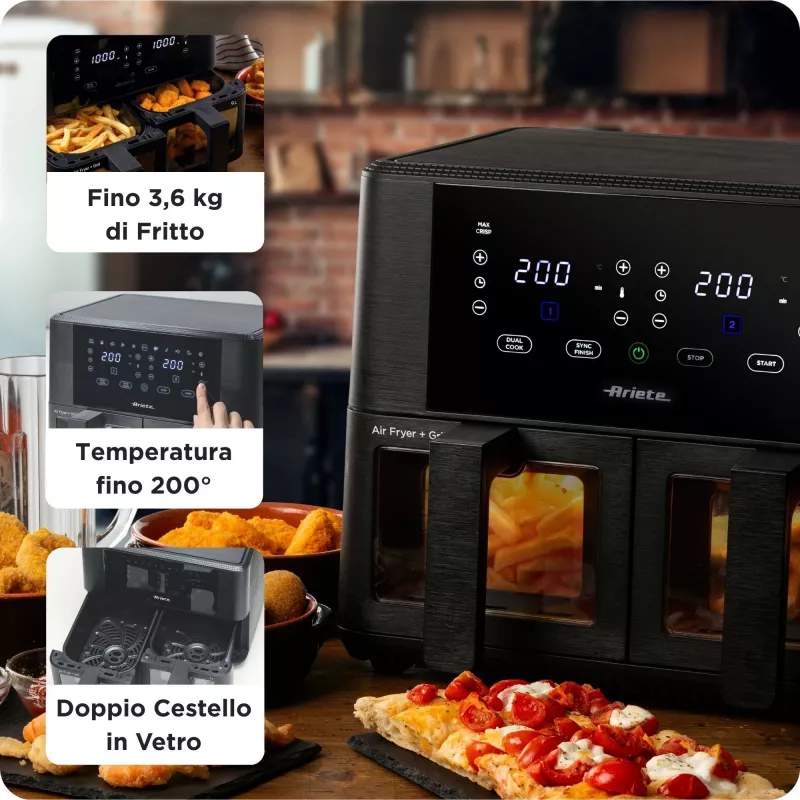 Ariete 4631 Podwójna frytownica powietrzna 9L, 2400W, Całkowita pojemność 9L, 11 programów, Wielofunkcyjna, Do 3,6 kg smażonego jedzenia Temperatura do 200°C, Podwójny kosz, Czarny