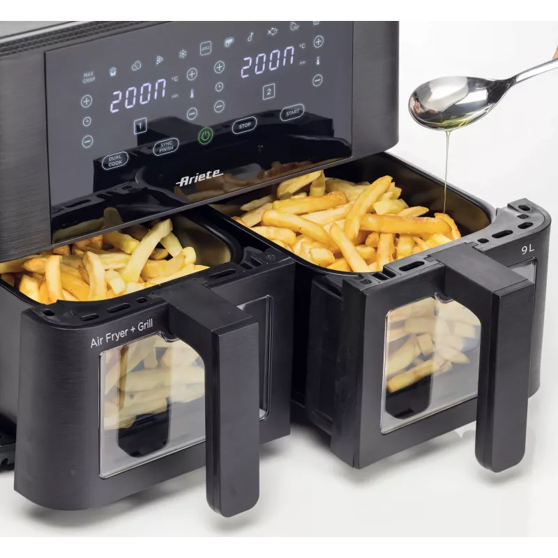 Ariete 4631 Podwójna frytownica powietrzna 9L, 2400W, Całkowita pojemność 9L, 11 programów, Wielofunkcyjna, Do 3,6 kg smażonego jedzenia Temperatura do 200°C, Podwójny kosz, Czarny