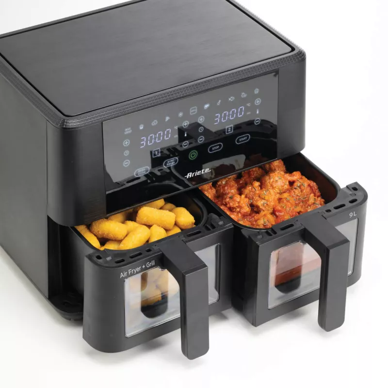 Ariete 4631 Podwójna frytownica powietrzna 9L, 2400W, Całkowita pojemność 9L, 11 programów, Wielofunkcyjna, Do 3,6 kg smażonego jedzenia Temperatura do 200°C, Podwójny kosz, Czarny