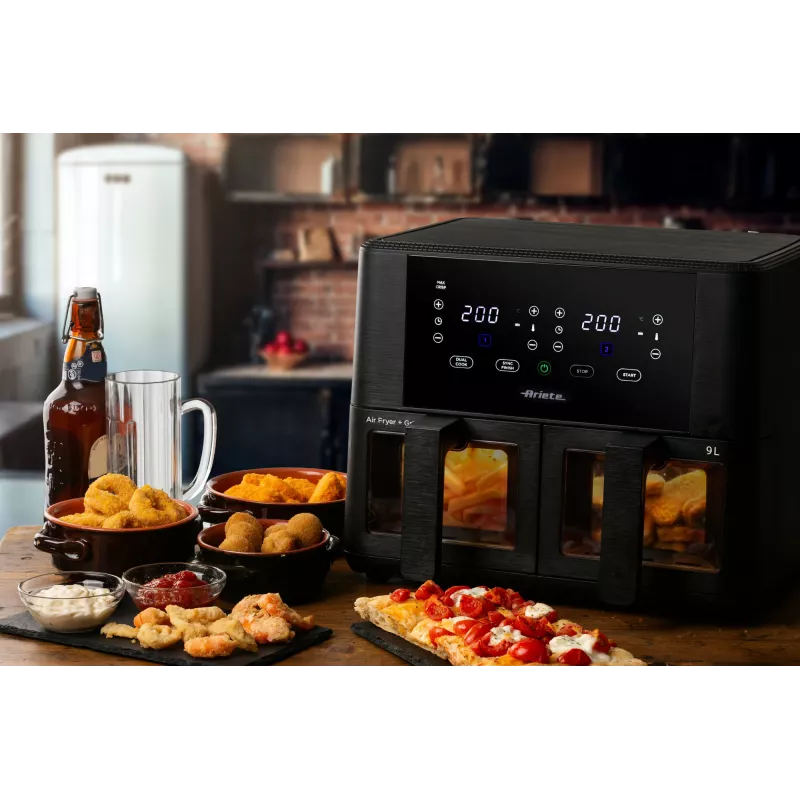 Ariete 4631 Podwójna frytownica powietrzna 9L, 2400W, Całkowita pojemność 9L, 11 programów, Wielofunkcyjna, Do 3,6 kg smażonego jedzenia Temperatura do 200°C, Podwójny kosz, Czarny