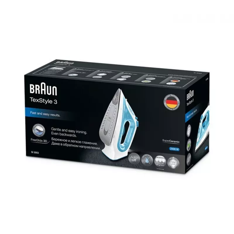 Braun TexStyle 3 Żelazko parowe SI 3053 Niebieska Ceramiczna stopa 2400 W