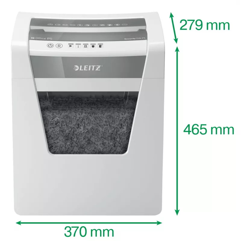 Niszczarka biurowa Leitz IQ Office, poziom bezpieczeństwa P5, cięcie mikrofragmentowe, 22,3 cm, 2 x 15 mm, 23 l, 250 arkuszy, 55 dB