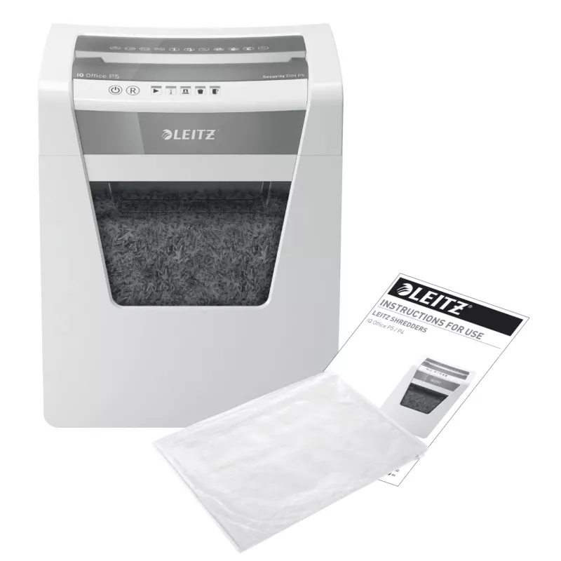 Niszczarka biurowa Leitz IQ Office, poziom bezpieczeństwa P5, cięcie mikrofragmentowe, 22,3 cm, 2 x 15 mm, 23 l, 250 arkuszy, 55 dB