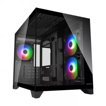 Mini Tower PC Case Cougar FV150 ARGB — Czarny, obsługa 2x120/140mm wentylatorów bocznych, 1x120mm tylnego, HDD 2,5 cala/3,5 cala, 285×435×365 mm