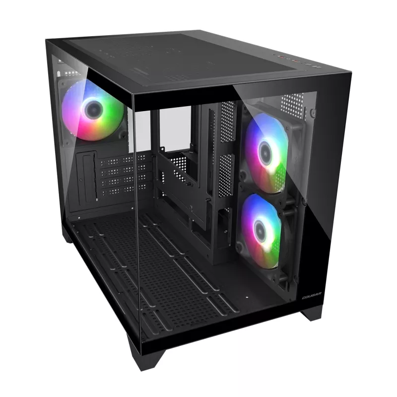 Mini Tower PC Case Cougar FV150 ARGB — Czarny, obsługa 2x120/140mm wentylatorów bocznych, 1x120mm tylnego, HDD 2,5 cala/3,5 cala, 285×435×365 mm