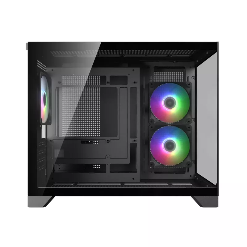 Mini Tower PC Case Cougar FV150 ARGB — Czarny, obsługa 2x120/140mm wentylatorów bocznych, 1x120mm tylnego, HDD 2,5 cala/3,5 cala, 285×435×365 mm