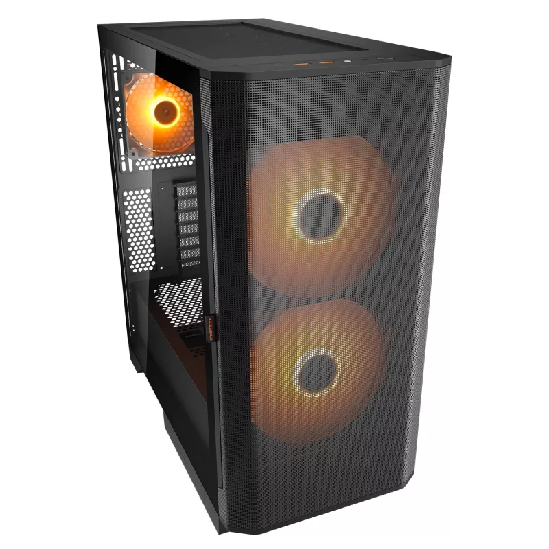 Obudowa PC Midi Tower Cougar Airface FLO ARGB, Czarna — obsługuje 2x180 mm z przodu, 1x120 mm z tyłu, napędy 2,5/3,5 cala, 240×480×509 mm