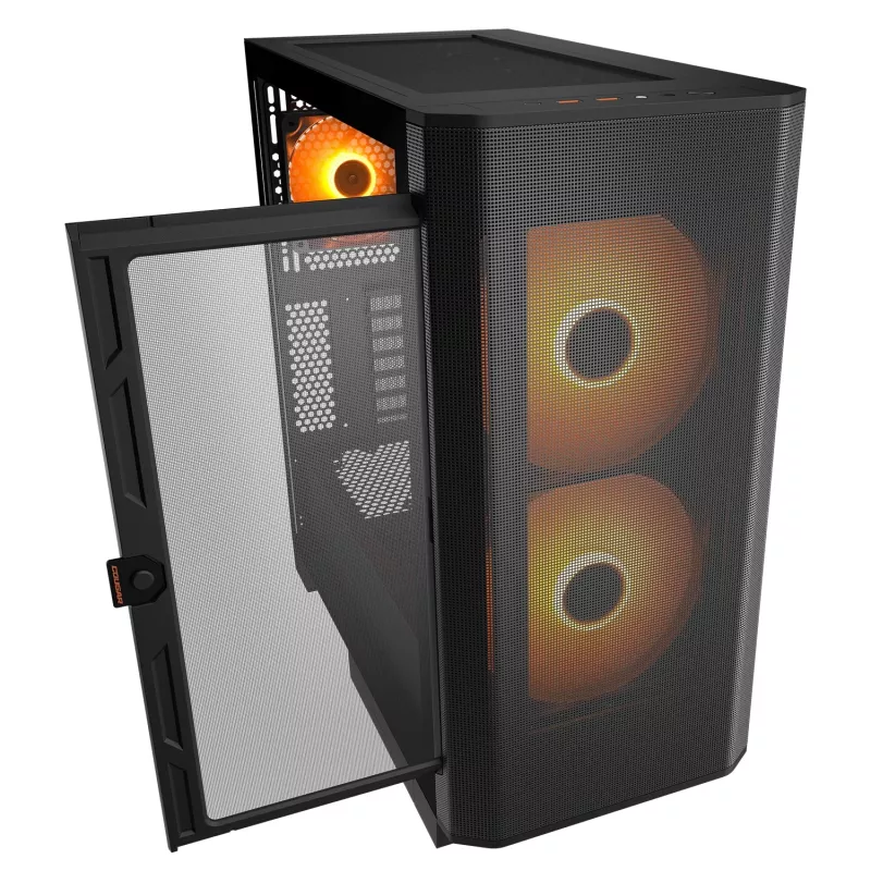 Obudowa PC Midi Tower Cougar Airface FLO ARGB, Czarna — obsługuje 2x180 mm z przodu, 1x120 mm z tyłu, napędy 2,5/3,5 cala, 240×480×509 mm