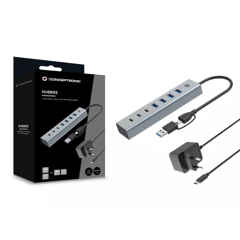 Conceptronic HUBBIES20GP 7-portowy hub USB 3.0 z zasilaczem, 5 Gb/s, USB-C x 3, USB-A x 4
