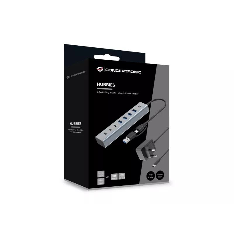 Conceptronic HUBBIES20GP 7-portowy hub USB 3.0 z zasilaczem, 5 Gb/s, USB-C x 3, USB-A x 4