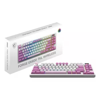 MSI FORGE GK600 TKL WIRELESS VIOLET klawiatura Gaming USB + Bluetooth QWERTY Hiszpański Różowy, Fioletowy, Biały
