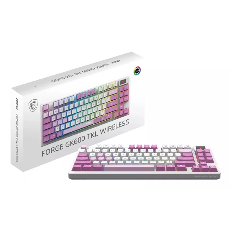 MSI FORGE GK600 TKL WIRELESS VIOLET klawiatura Gaming USB + Bluetooth QWERTY Hiszpański Różowy, Fioletowy, Biały