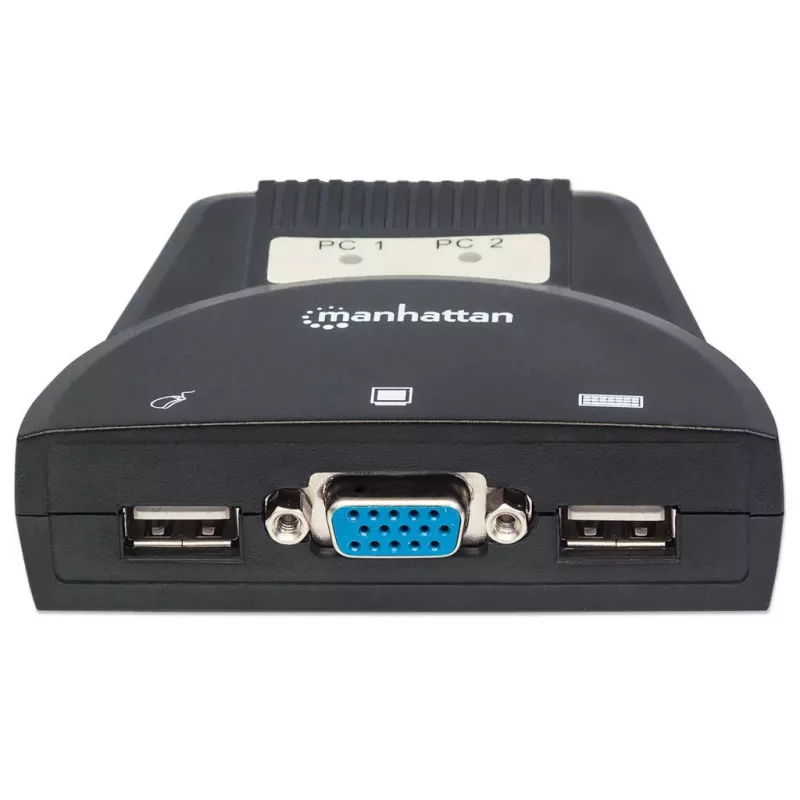 Manhattan KVM Switch Mini 2-Port, 2x USB-A, kable w zestawie, obsługa audio, sterowanie 2 komputerami za pomocą jednego zestawu klawiatury/myszy/monitora, czarny, dożywotnia gwarancja, pudełko