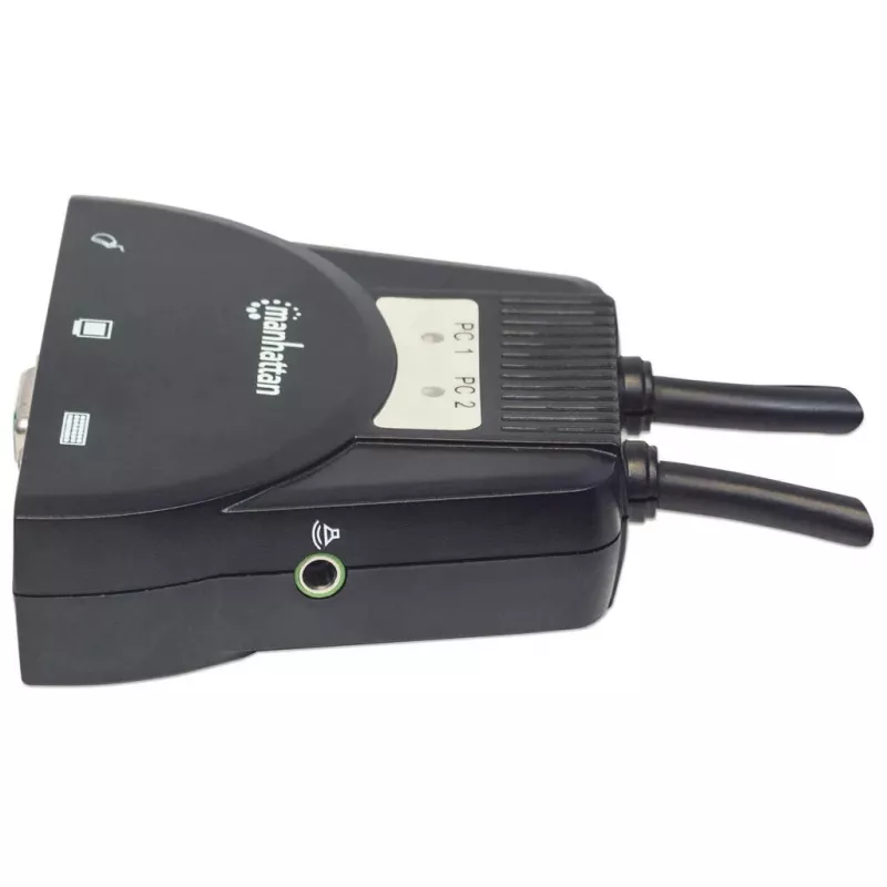 Manhattan KVM Switch Mini 2-Port, 2x USB-A, kable w zestawie, obsługa audio, sterowanie 2 komputerami za pomocą jednego zestawu klawiatury/myszy/monitora, czarny, dożywotnia gwarancja, pudełko