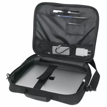 Torba na laptopa Manhattan Cambridge 14,1 cala, konstrukcja typu clamshell, czarna, NISKI KOSZT, kieszeń na akcesoria, komora na dokumenty z tyłu, pasek na ramię (odpinany), odpowiednik Targus CN313/CN414EU, futerał na notebook, trzyletnia gwarancja