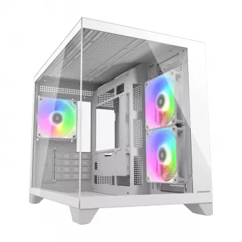 Obudowa PC Mini Tower Cougar FV150 ARGB biała — Micro-ATX / Mini-ITX, boczny panel, wentylatory 2x120 mm + 1x120 mm, zatoki na dyski 2,5 cala i 3,5 cala