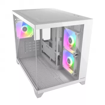 Obudowa PC Mini Tower Cougar FV150 ARGB biała — Micro-ATX / Mini-ITX, boczny panel, wentylatory 2x120 mm + 1x120 mm, zatoki na dyski 2,5 cala i 3,5 cala