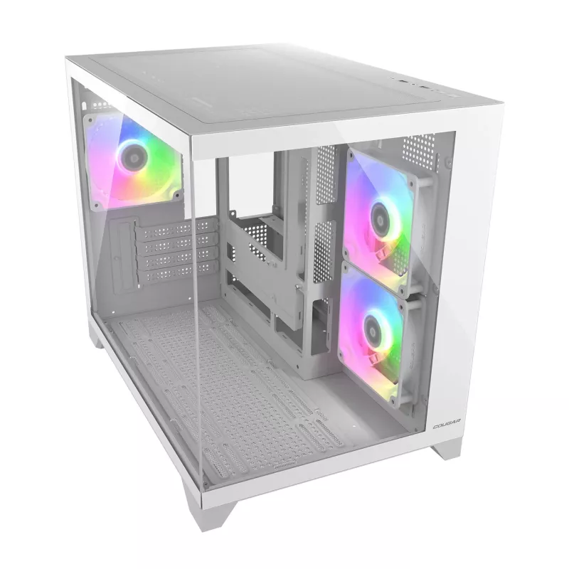 Obudowa PC Mini Tower Cougar FV150 ARGB biała — Micro-ATX / Mini-ITX, boczny panel, wentylatory 2x120 mm + 1x120 mm, zatoki na dyski 2,5 cala i 3,5 cala