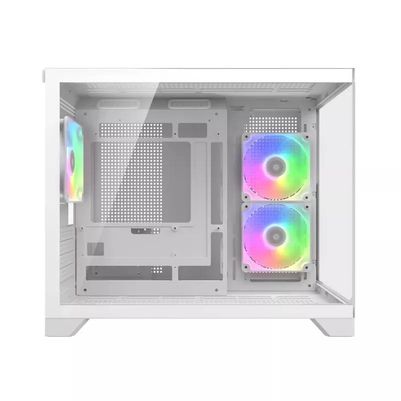 Obudowa PC Mini Tower Cougar FV150 ARGB biała — Micro-ATX / Mini-ITX, boczny panel, wentylatory 2x120 mm + 1x120 mm, zatoki na dyski 2,5 cala i 3,5 cala