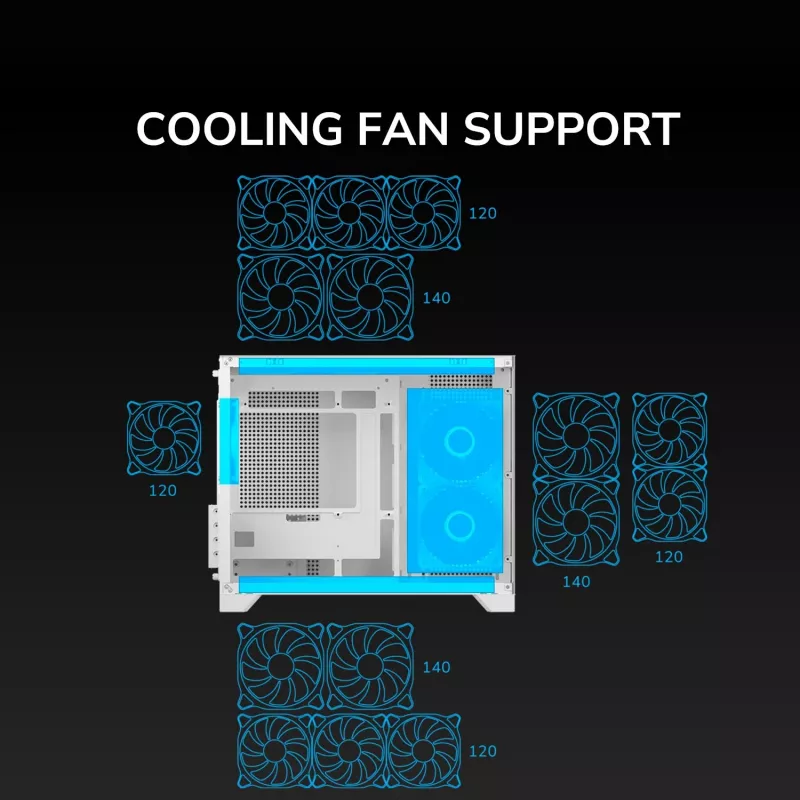 Obudowa PC Mini Tower Cougar FV150 ARGB biała — Micro-ATX / Mini-ITX, boczny panel, wentylatory 2x120 mm + 1x120 mm, zatoki na dyski 2,5 cala i 3,5 cala