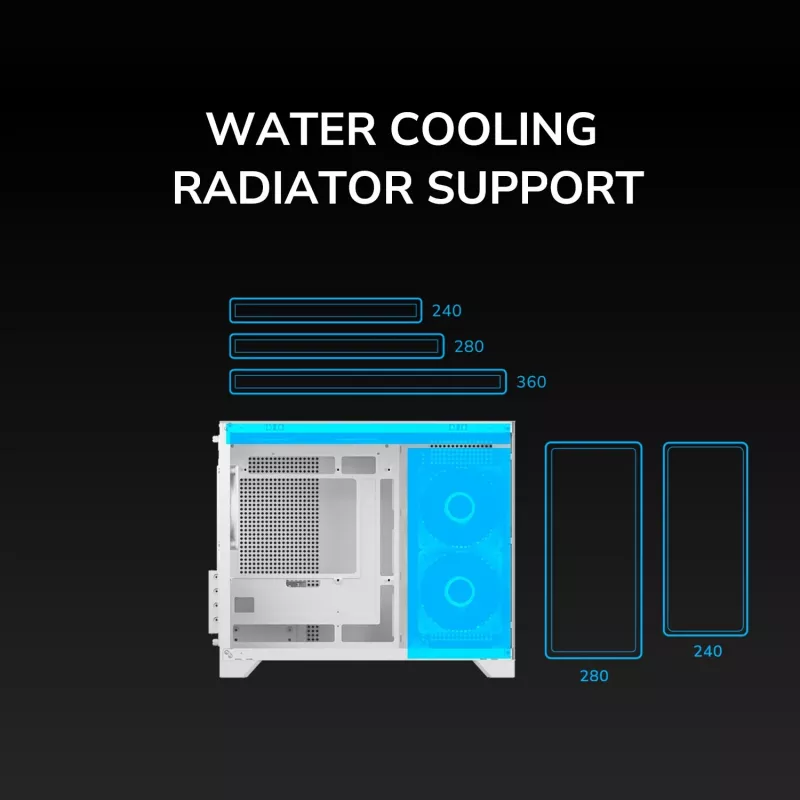 Obudowa PC Mini Tower Cougar FV150 ARGB biała — Micro-ATX / Mini-ITX, boczny panel, wentylatory 2x120 mm + 1x120 mm, zatoki na dyski 2,5 cala i 3,5 cala