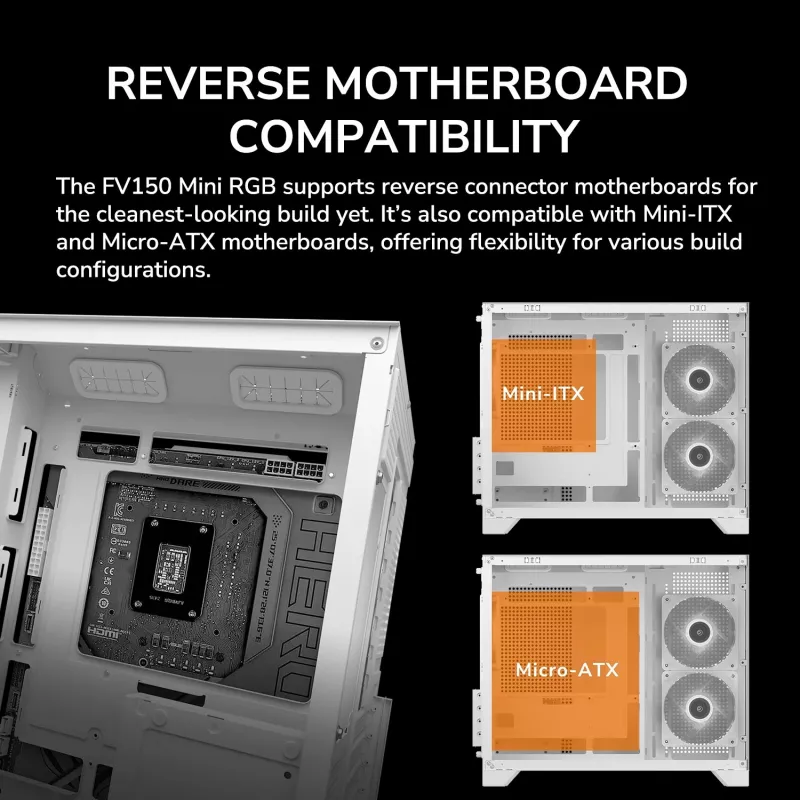 Obudowa PC Mini Tower Cougar FV150 ARGB biała — Micro-ATX / Mini-ITX, boczny panel, wentylatory 2x120 mm + 1x120 mm, zatoki na dyski 2,5 cala i 3,5 cala