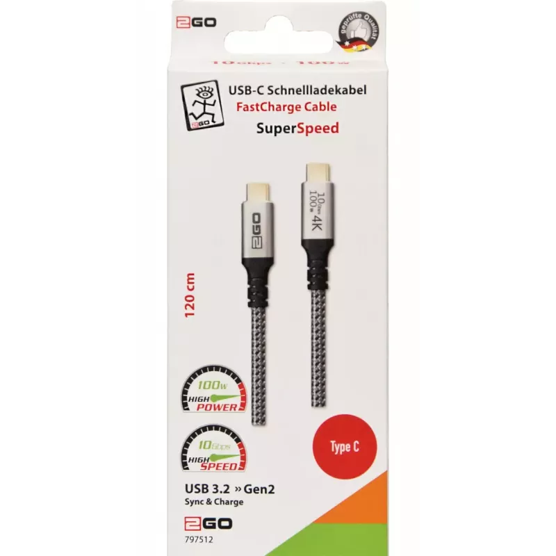 Kabel USB 2GO 797512 USB 3.2 Gen 2 1,2 m USB-C czarny srebrny