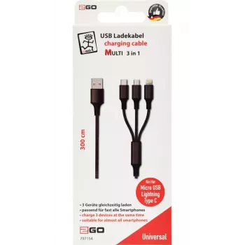 Kabel USB 2GO 797154 3m USB B USB C/Micro-USB B/Lightning Czarny