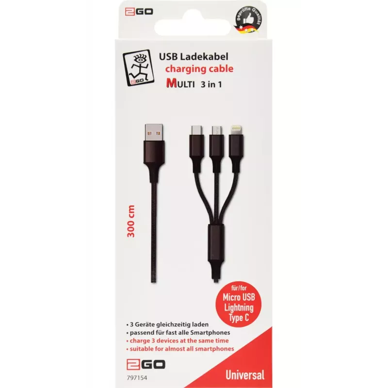 Kabel USB 2GO 797154 3m USB B USB C/Micro-USB B/Lightning Czarny
