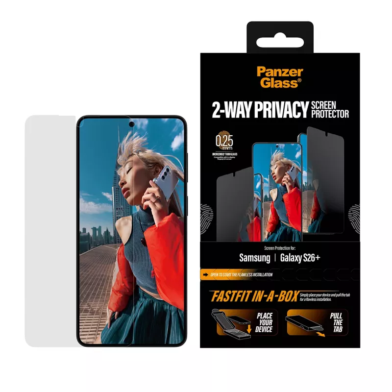 Szkło ochronne PanzerGlass 2-Way Privacy dla Samsung New Galaxy S 2026 Plus — Ultra-szerokie PET z FASTFIT