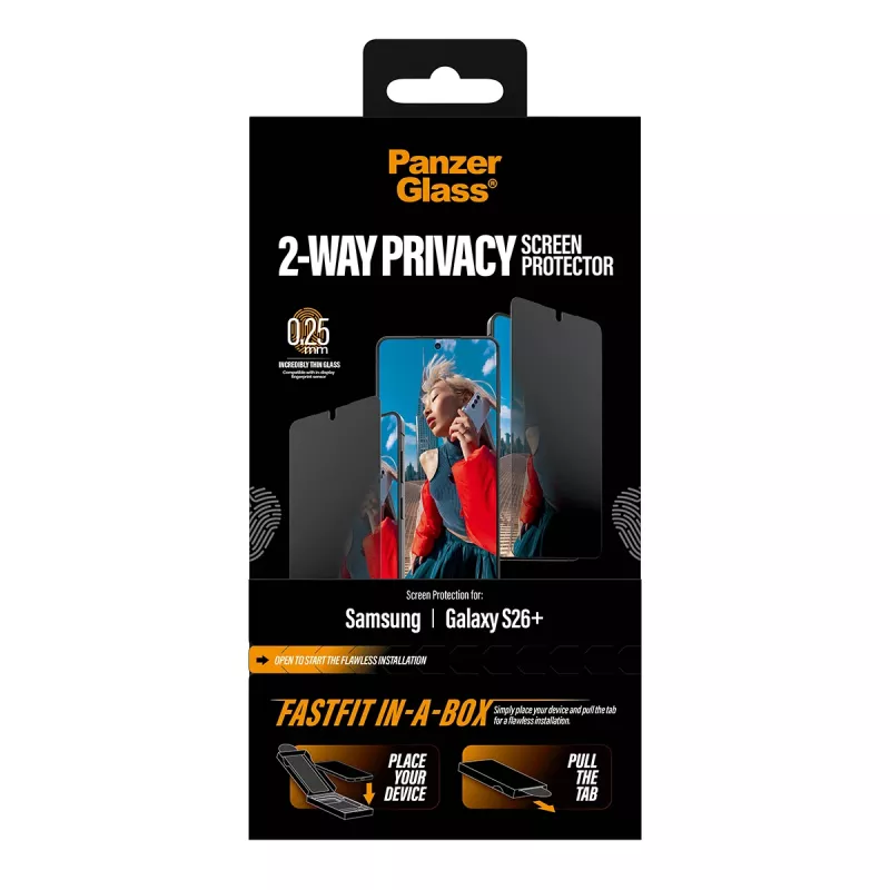 Szkło ochronne PanzerGlass 2-Way Privacy dla Samsung New Galaxy S 2026 Plus — Ultra-szerokie PET z FASTFIT