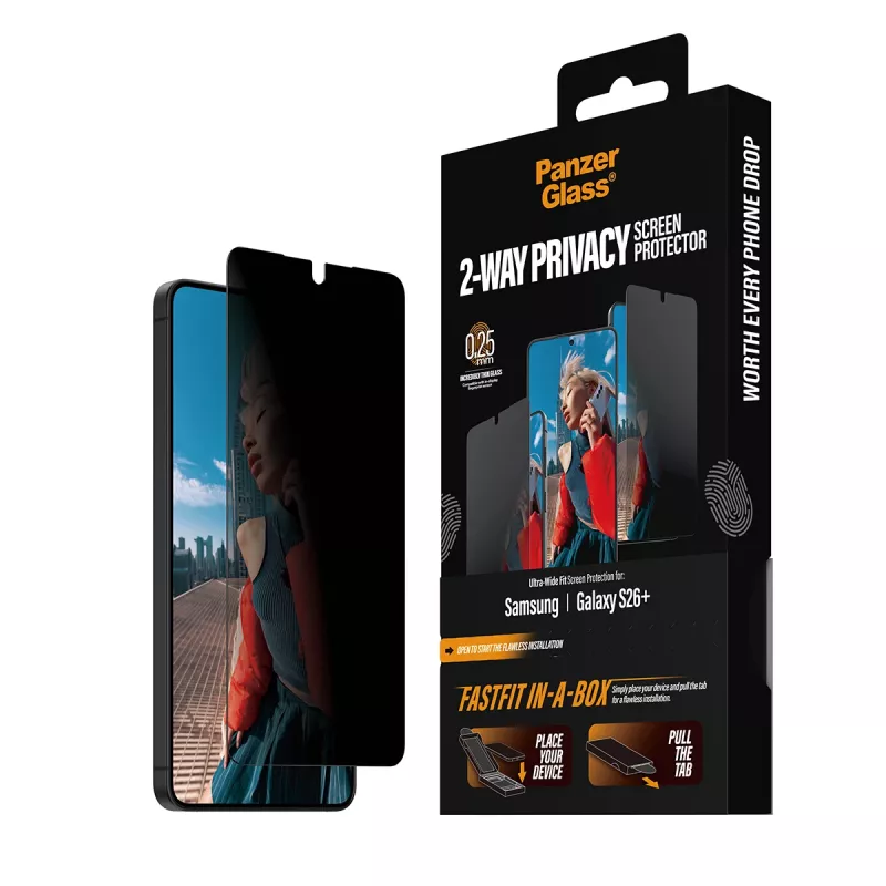 Szkło ochronne PanzerGlass 2-Way Privacy dla Samsung New Galaxy S 2026 Plus — Ultra-szerokie PET z FASTFIT