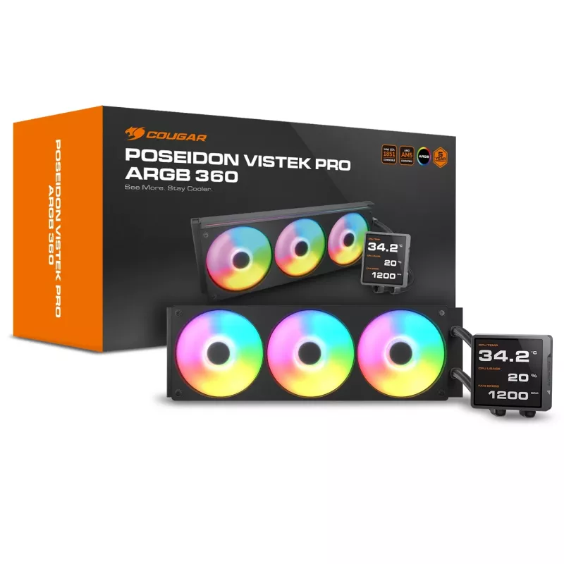 All-in-one chłodzenie cieczą CPU Cougar Poseidon Vistek Pro 360, ARGB, wentylatory 120 mm, czarny, obsługa wielu gniazd