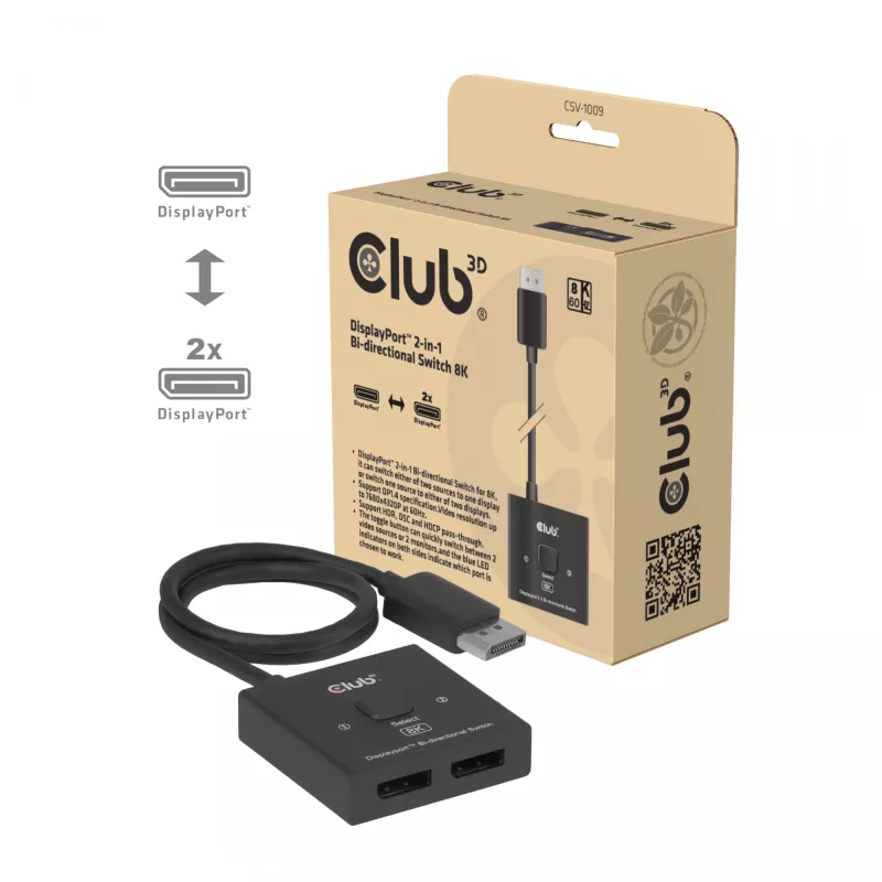 DisplayPort 2-w-1 Dwukierunkowy przełącznik CLUB3D CSV-1009 — 2x wyjścia DisplayPort, 8K@60Hz, czarny