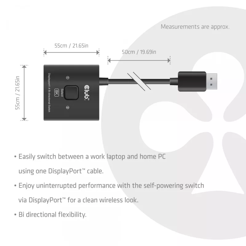 DisplayPort 2-w-1 Dwukierunkowy przełącznik CLUB3D CSV-1009 — 2x wyjścia DisplayPort, 8K@60Hz, czarny