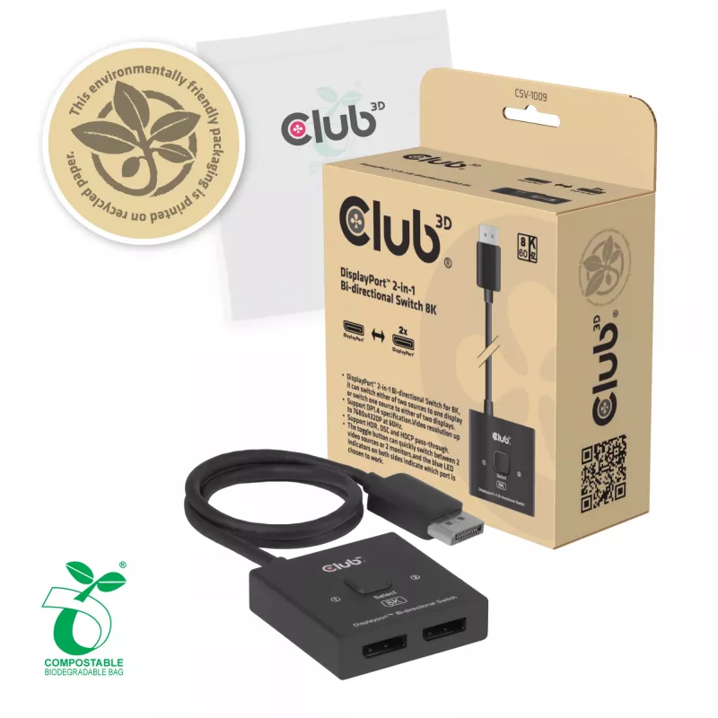 DisplayPort 2-w-1 Dwukierunkowy przełącznik CLUB3D CSV-1009 — 2x wyjścia DisplayPort, 8K@60Hz, czarny
