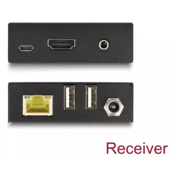 Zestaw przedłużacza KVM DELOCK 65957 — nadajnik i odbiornik HDMI i USB, przewodowy, do 70 m, 18 Gbit/s, 600 MHz, czarny