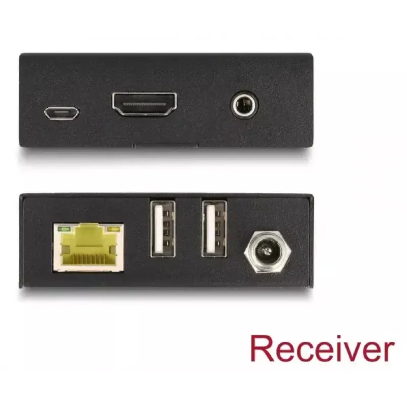 Zestaw przedłużacza KVM DELOCK 65957 — nadajnik i odbiornik HDMI i USB, przewodowy, do 70 m, 18 Gbit/s, 600 MHz, czarny