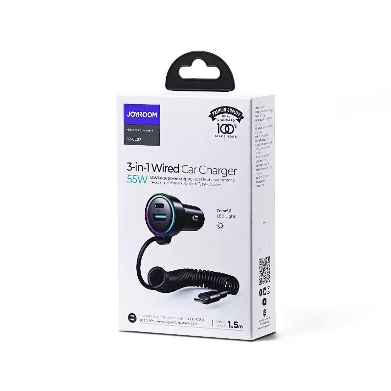 Ładowarka samochodowa Joyroom JR-CL07 3-w-1 60W z wbudowanym kablem USB-C 1,6 m, czarna