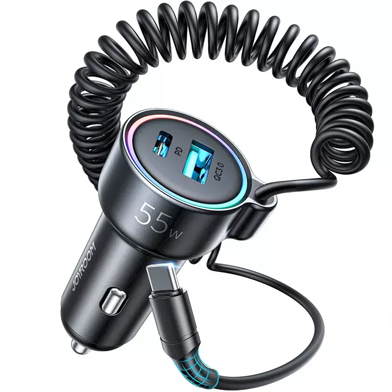 Ładowarka samochodowa Joyroom JR-CL07 3-w-1 60W z wbudowanym kablem USB-C 1,6 m, czarna
