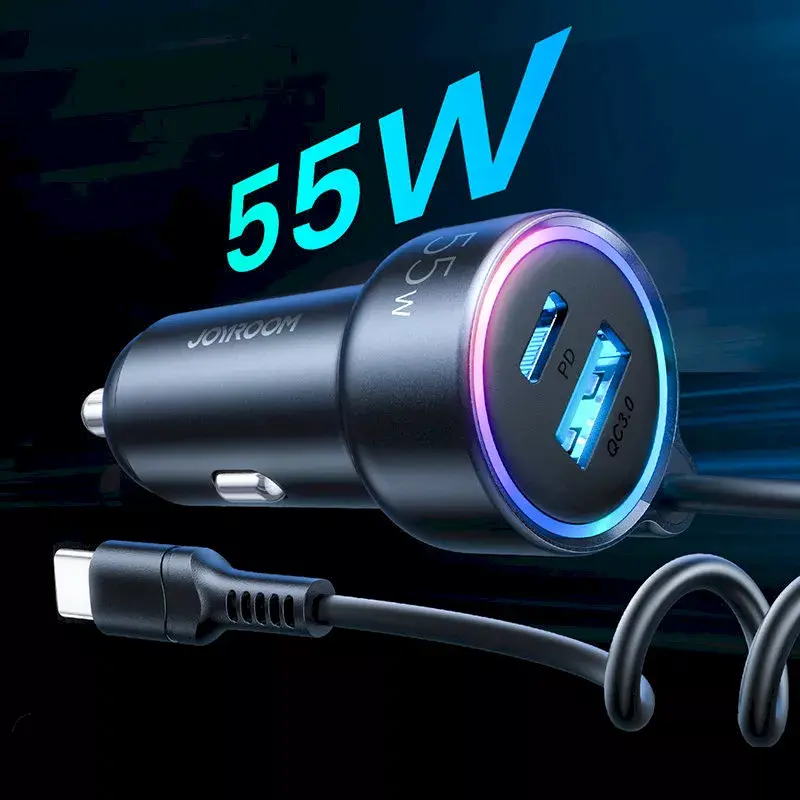 Ładowarka samochodowa Joyroom JR-CL07 3-w-1 60W z wbudowanym kablem USB-C 1,6 m, czarna