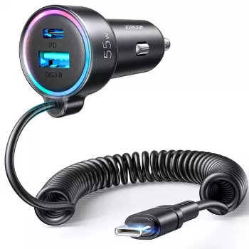 Ładowarka samochodowa Joyroom JR-CL07 3-w-1 60W z wbudowanym kablem USB-C 1,6 m, czarna
