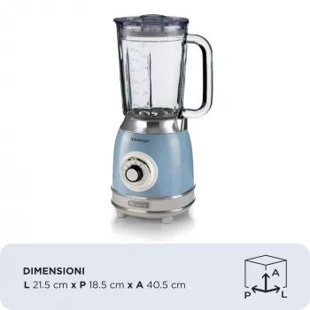 Ariete 583, Blender Vintage z 1,5-litrowym szklanym dzbanem, 4 ostrzami ze stali nierdzewnej, 4 prędkościami + funkcja pulsacyjna, 1000 W, niebieski