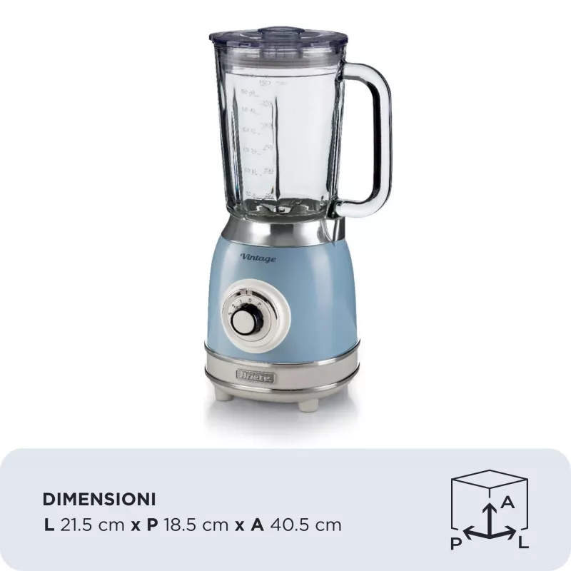 Ariete 583, Blender Vintage z 1,5-litrowym szklanym dzbanem, 4 ostrzami ze stali nierdzewnej, 4 prędkościami + funkcja pulsacyjna, 1000 W, niebieski