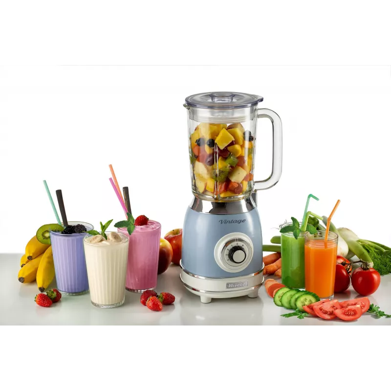 Ariete 583, Blender Vintage z 1,5-litrowym szklanym dzbanem, 4 ostrzami ze stali nierdzewnej, 4 prędkościami + funkcja pulsacyjna, 1000 W, niebieski