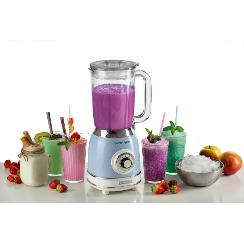 Ariete 583, Blender Vintage z 1,5-litrowym szklanym dzbanem, 4 ostrzami ze stali nierdzewnej, 4 prędkościami + funkcja pulsacyjna, 1000 W, niebieski