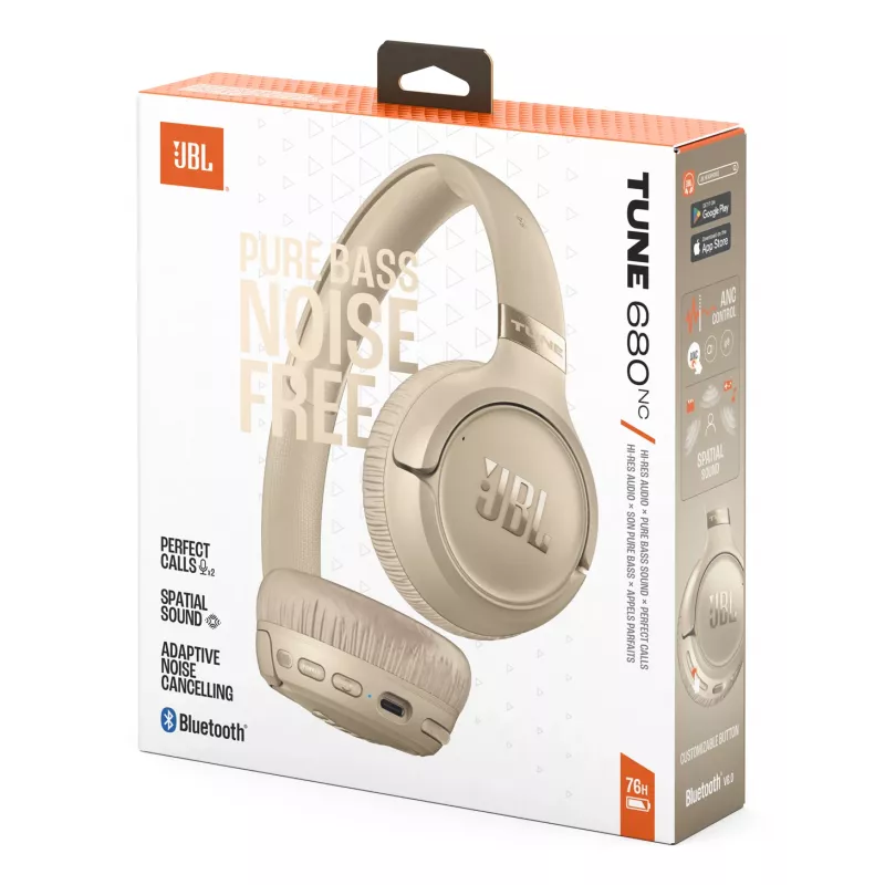 Zestaw słuchawkowy JBL Tune 680NC, przewodowy i bezprzewodowy (Bluetooth, USB-C), nauszny, pałąk nagłowny, beżowy, 20–20000 Hz, 161 g