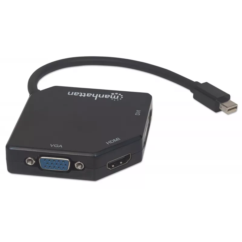 Manhattan Mini DisplayPort 1.2 do HDMI, DVI i VGA adapter kablowy (3-w-1), 25 cm, czarny, męski do żeńskiego, pasywny, HDMI 4K@30Hz, VGA i DVI 1080p@60Hz, odpowiednik MDP2VGDVHD, kompatybilny z DVI-D, trzyletnia gwarancja, blister
